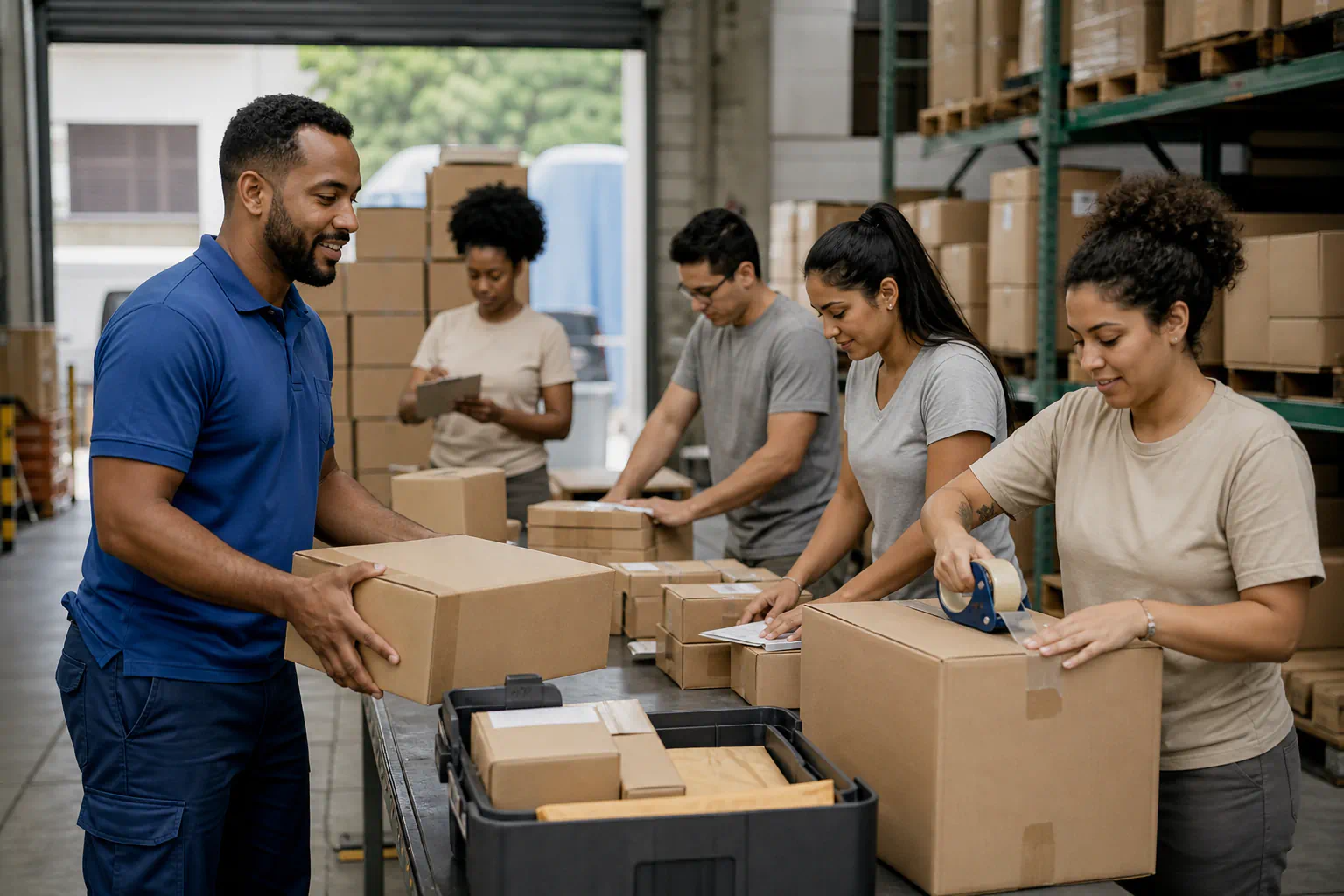 Equipe organizando caixas e saídas de mercadorias em uma distribuidora.