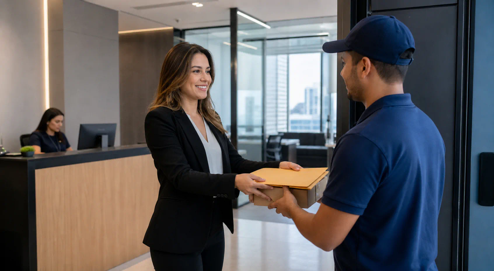 Profissional em escritório organizando contratos e malotes para envio urgente.
