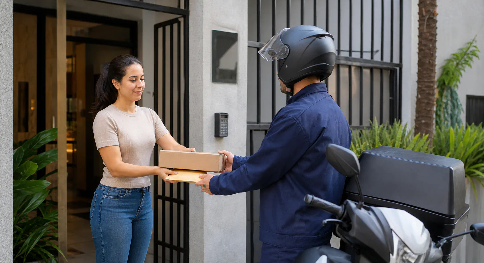 Pessoa entregando uma encomenda pequena para o motorista retirar em um prédio residencial.